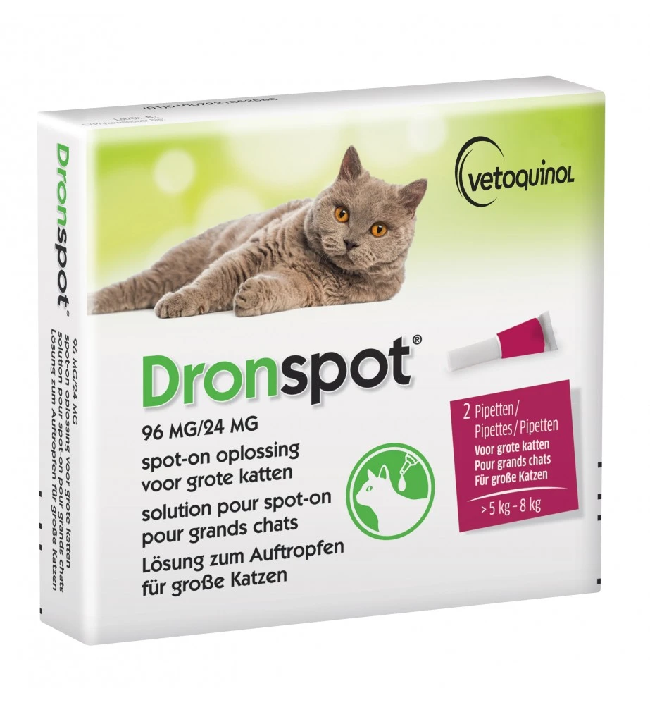 Vetoquinol Dronspot Grote Kat 96 Mg / 24 Mg - 5 T/m 8 Kg - 2 Pipetten 3 Vetoquinol Dronspot Grote Kat 96 Mg / 24 Mg - 5 T/m 8 Kg - 2 Pipetten