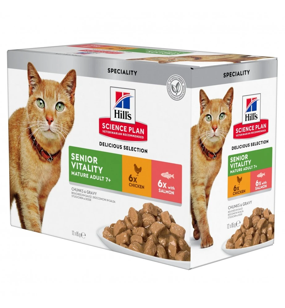 Hill's SP Mature Adult 7+ Senior Vitality Multipack Kip En Zalm - 4 X 12 X 85 Gram 3 Hill's SP Mature Adult 7+ Senior Vitality Multipack Kip En Zalm - 4 X 12 X 85 Gram